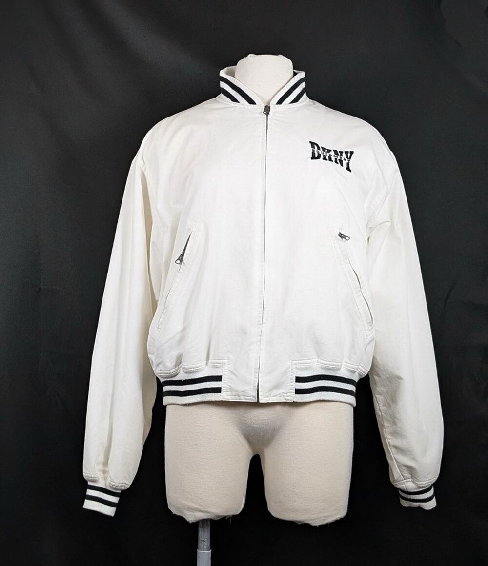 Vintage 90s DKNY Varsity Jacket White Donna Karan Logo Spellout Women's Size L